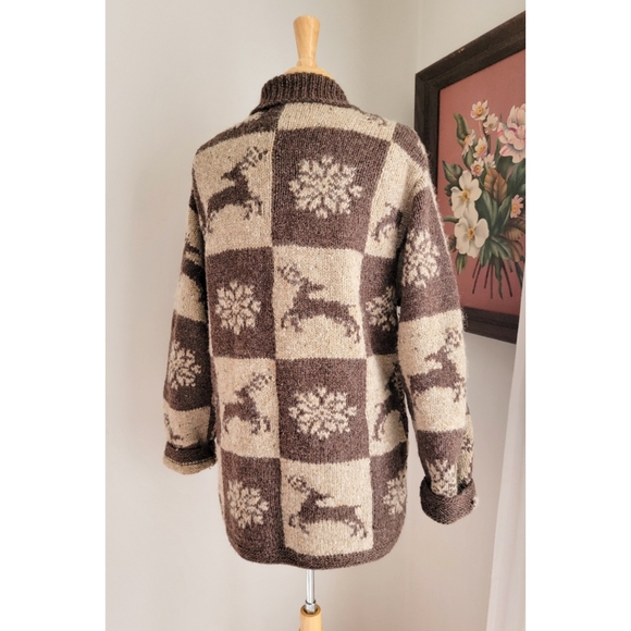 Vintage Wool Cowichan Style Sweater Wool Zip Front w/ Neutral Winter Patchwork - Picture 9 of 15